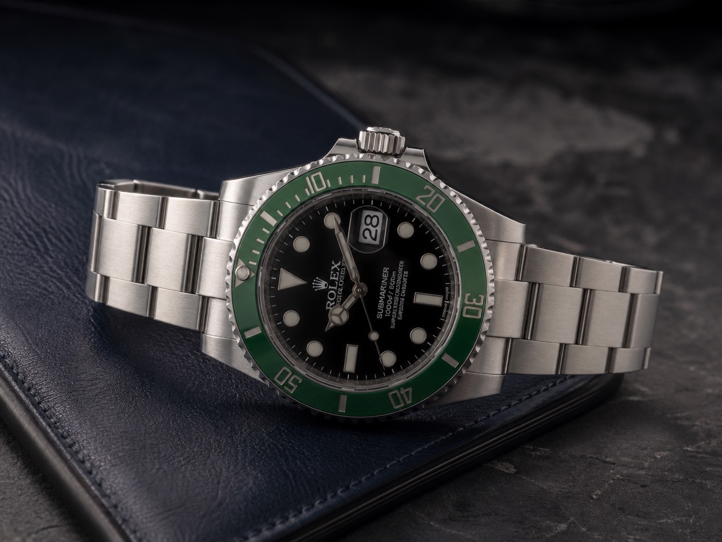 Pre-owned green bezel Submariner-style date watch